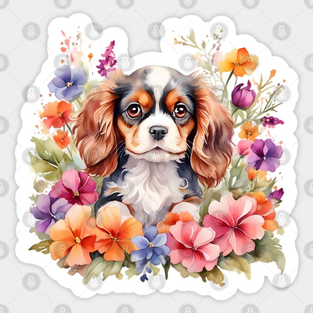 A baby cavalier king charles spaniel decorated with beautiful watercolor flowers Sticker by CreativeSparkzz